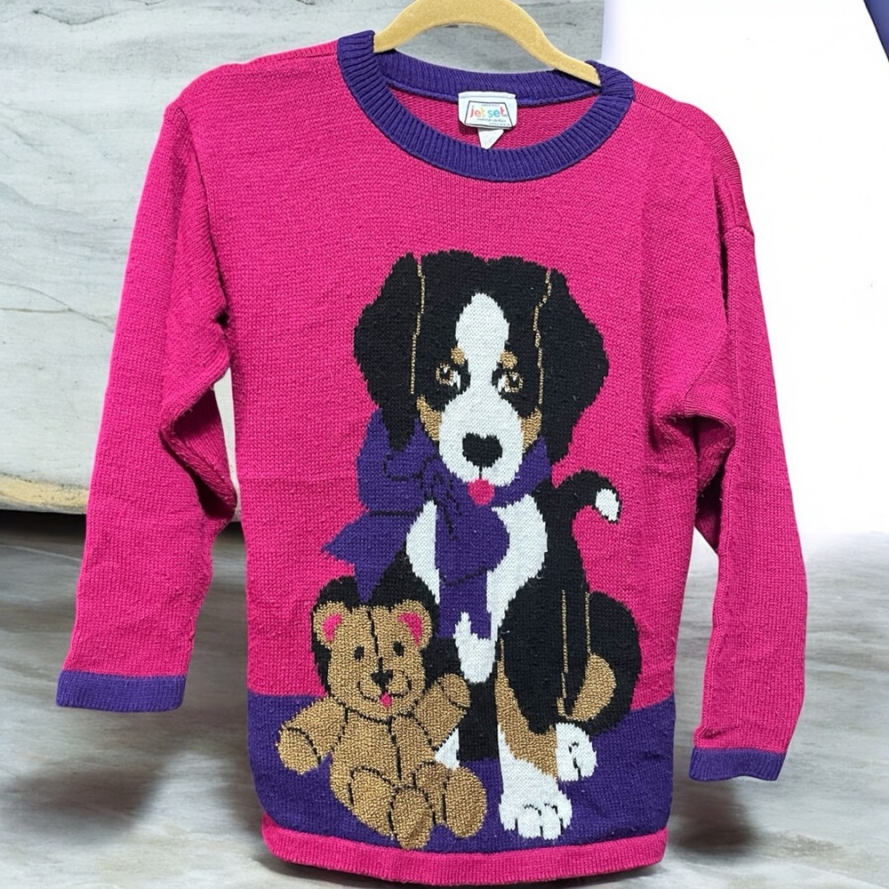 80s Vintage girls pink knit sweater with dog